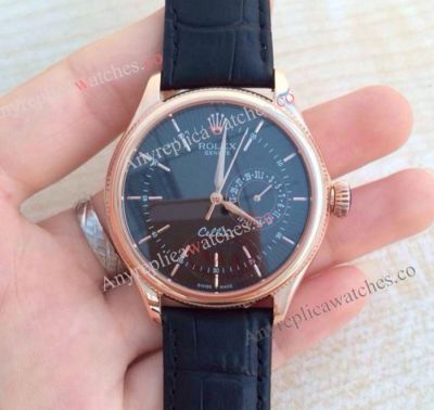 Rolex Geneve Cellini Black Date Watch Replica - Rose Gold - Black Leather